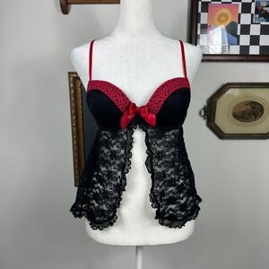 Linea Donatella Black Lace Babydoll Lingerie Top with Red Accents - SIZE S
